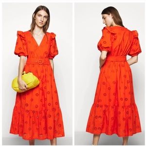 Kate Spade Clover Eyelet Midi Dress Tamarillo Red V-neck Puff sleeve cotton